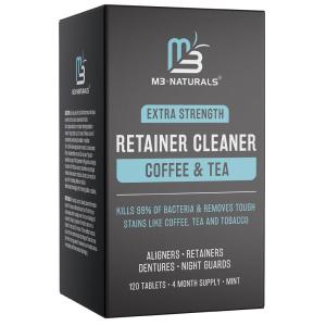 imageRetainer Cleaner and Soak Container NoMess Cleaning Tablets with Universal Denture Bath Case and Strainer Multipurpose for Mouth Guard Stains Odor and Plaque 92 Tablets  1 Bath by M3 NaturalsCoffee  Tea Retainer Cleaner 120 Count